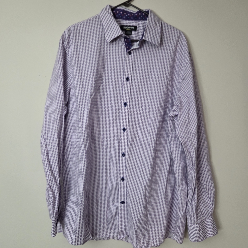 Clariborne Mens Stretch XLT Purple White Print Two Tone Collar Cotton